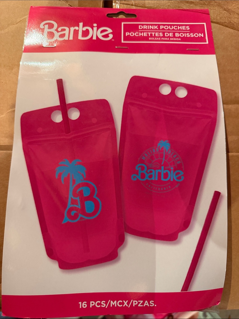 Barbie Bright Pink Drink Pouches with Blue Logo Accents - 16 Pack